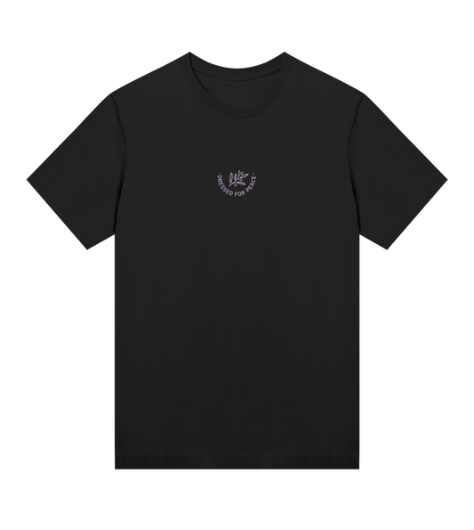 A black regular fit T-shirt for women with a logo on the chest.