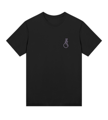 Black t-shirt with a small white graphic on the chest against a white background