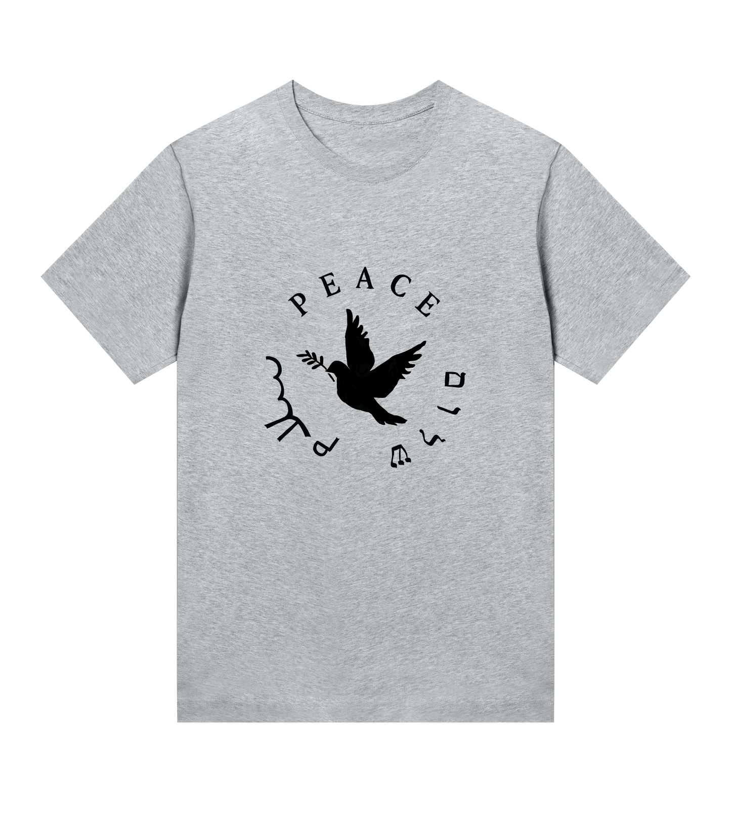Gray t-shirt with a black peace dove design on a white background