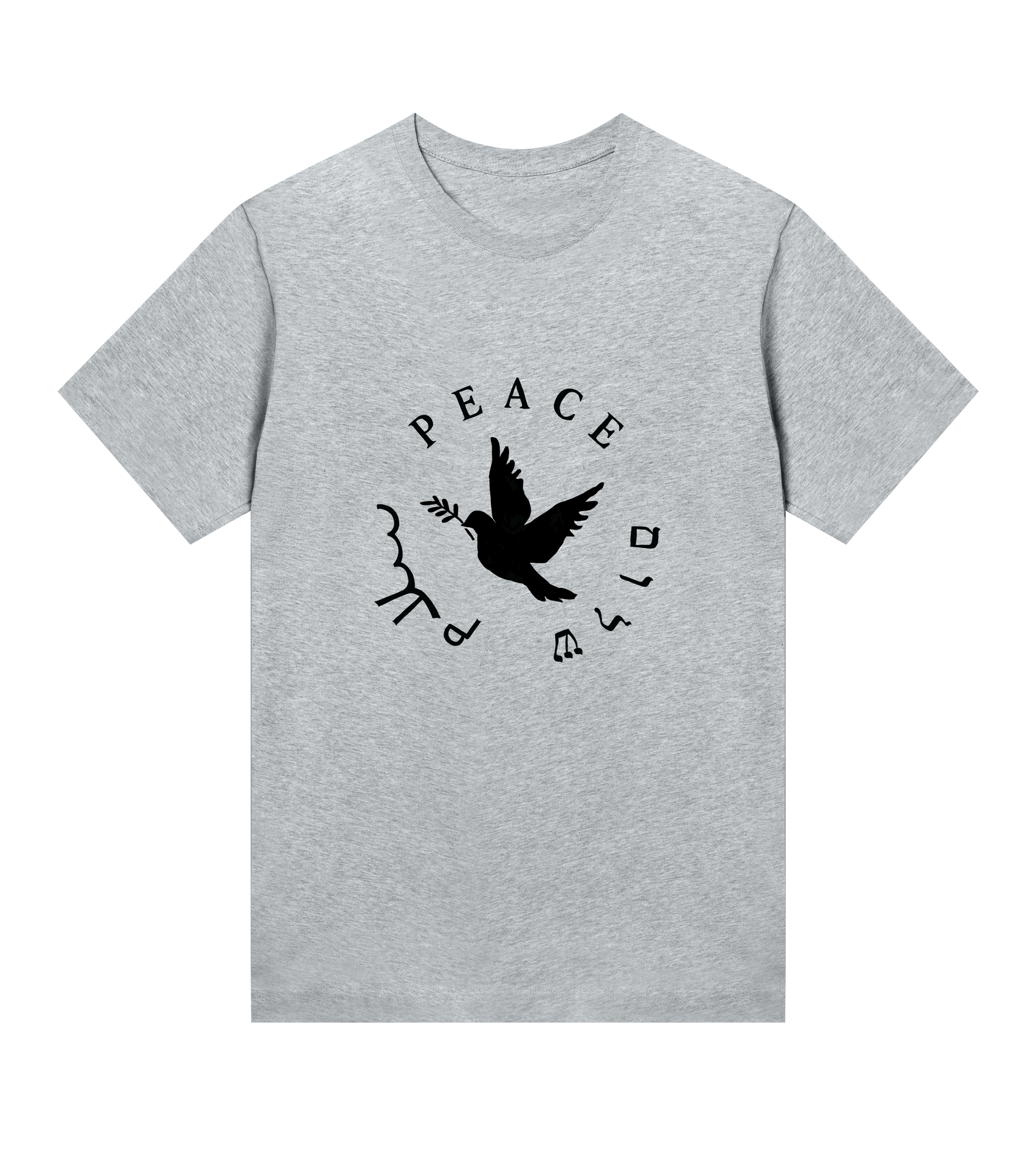 Gray t-shirt with a black peace dove design on a white background