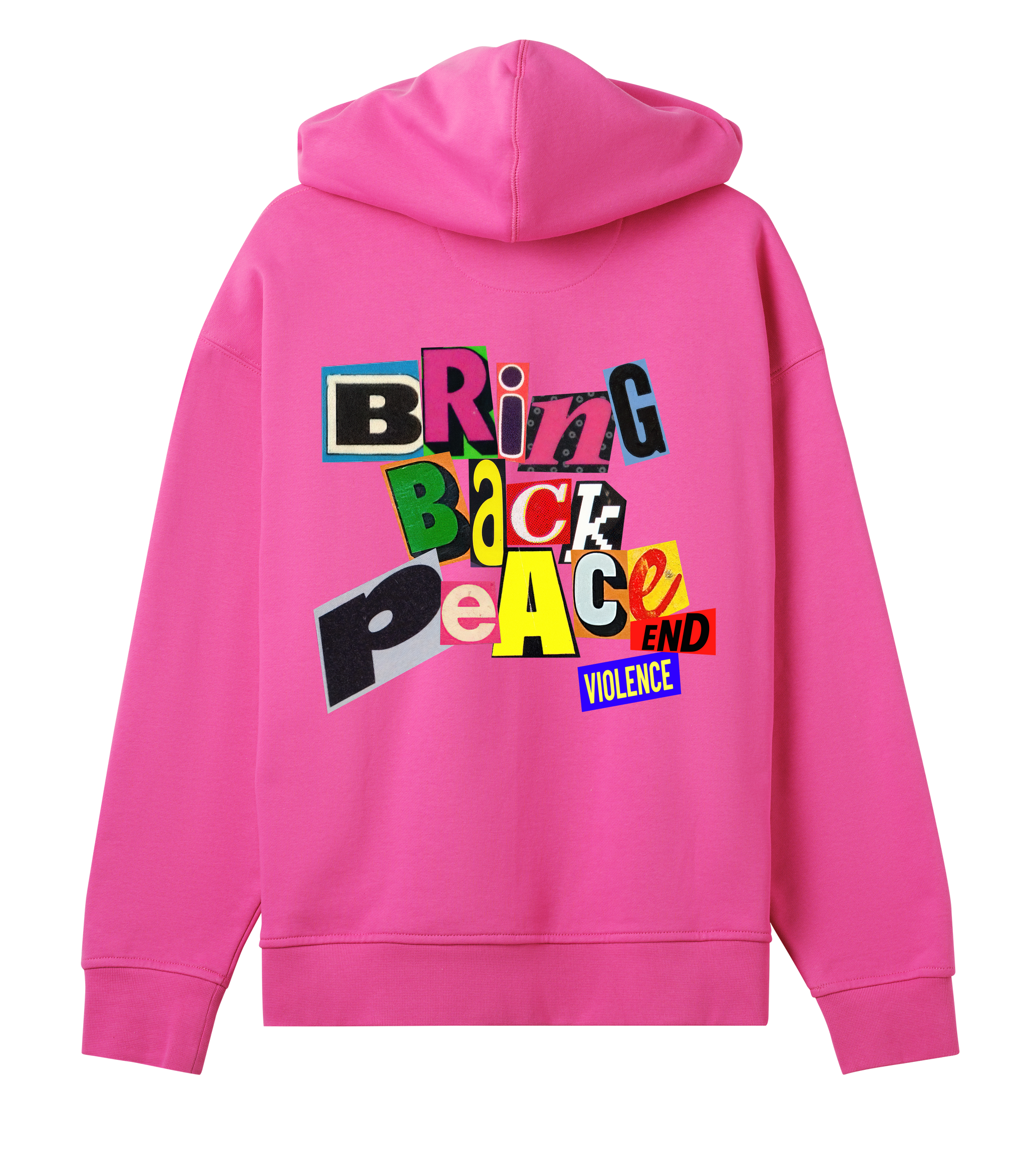 A pink oversized hoodie with the text 'BRING BACK PEACE' printed on the back in bold capital letters.