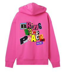 A pink oversized hoodie with the text 'BRING BACK PEACE' printed on the back in bold capital letters.