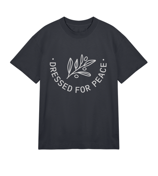 A navy-colored crew neck t-shirt with the phrase 'DRESSED FOR PEACE' printed in white along with a graphic of leaves.