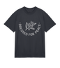 A navy-colored crew neck t-shirt with the phrase 'DRESSED FOR PEACE' printed in white along with a graphic of leaves.