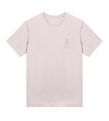 Light pink t-shirt with a small logo on a white background