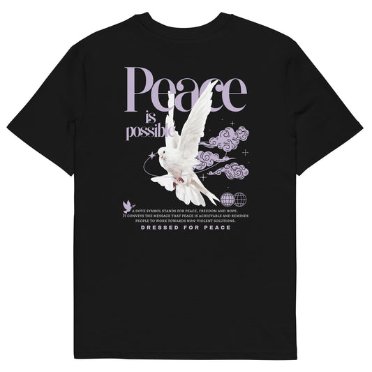 Black t-shirt with a dove and 'Peace is Possible' text design on a white background