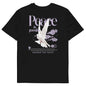 Black t-shirt with a dove and 'Peace is Possible' text design on a white background