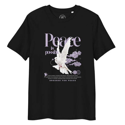 A black unisex organic cotton T-shirt with a graphic of a dove and the text 'Peace is possible' along with other decorative elements.