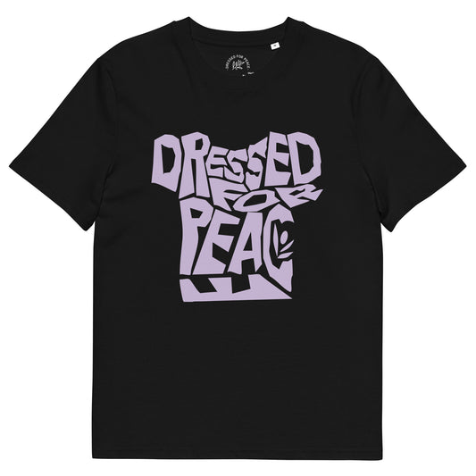 Black t-shirt with purple text 'DRESSED FOR PEACE' on a white background
