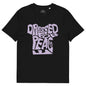 Black t-shirt with purple text 'DRESSED FOR PEACE' on a white background