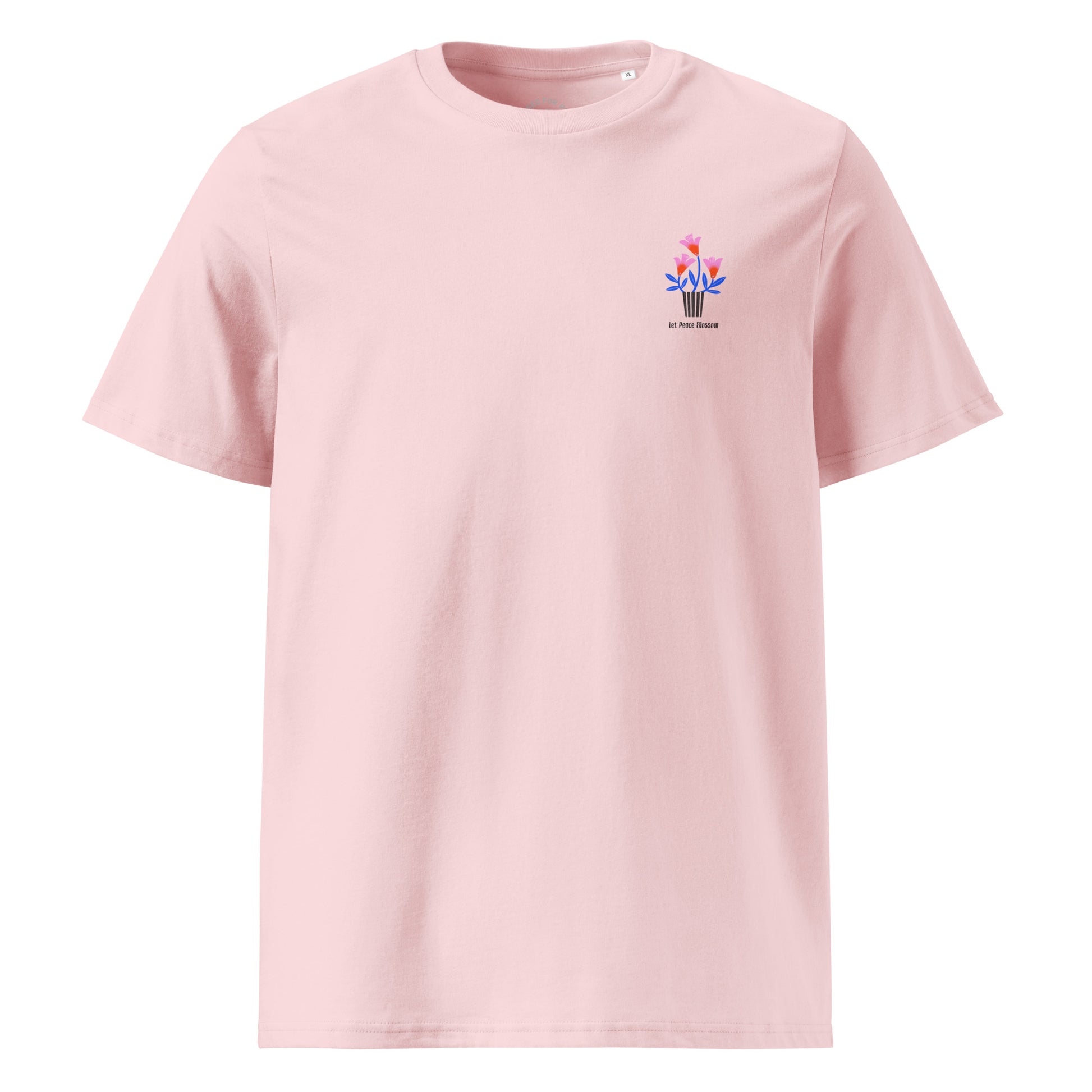 Pink t-shirt with a small graphic on the chest against a white background