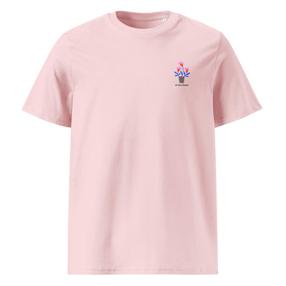 Pink t-shirt with a small graphic on the chest against a white background
