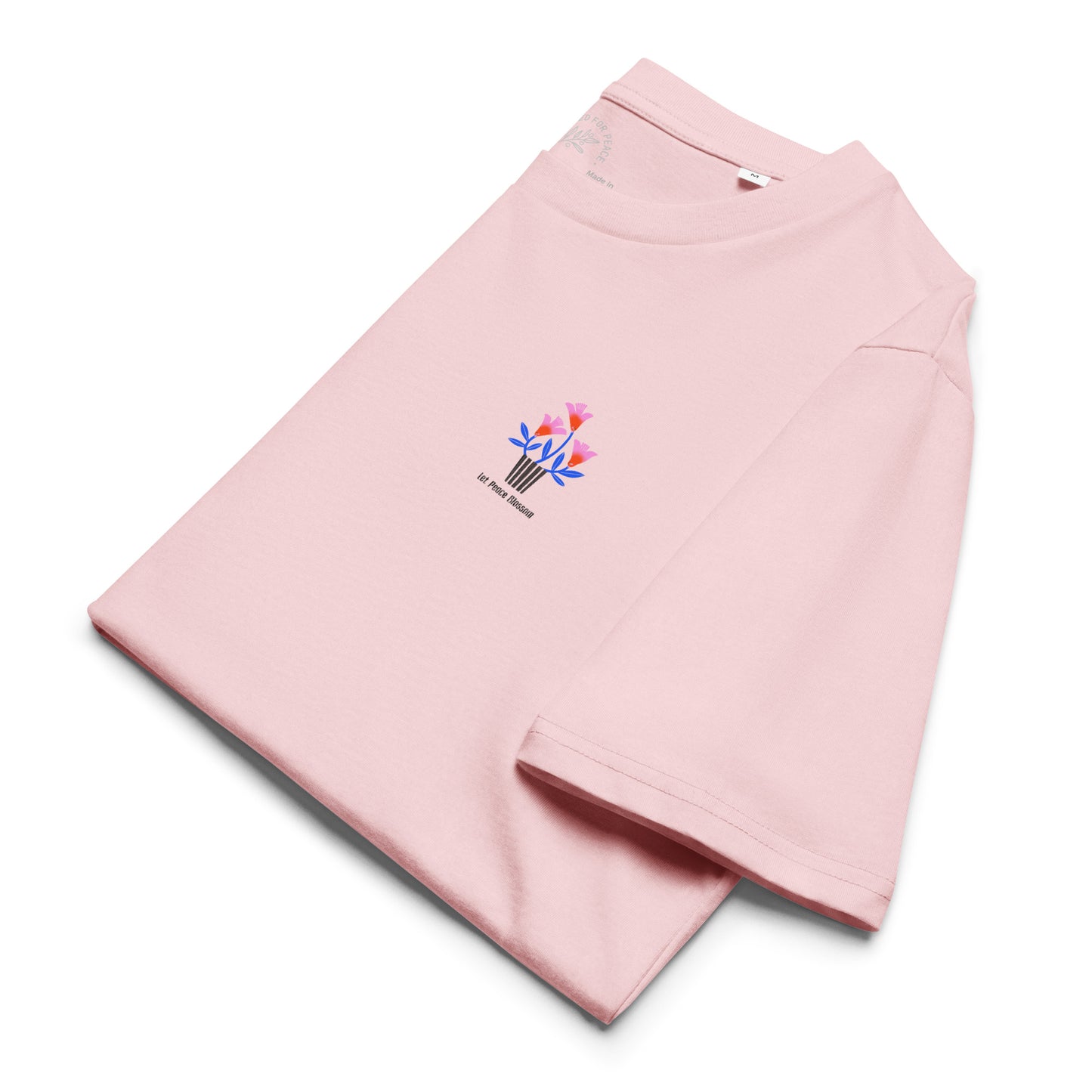 Pink shirt with a colorful graphic on a white background