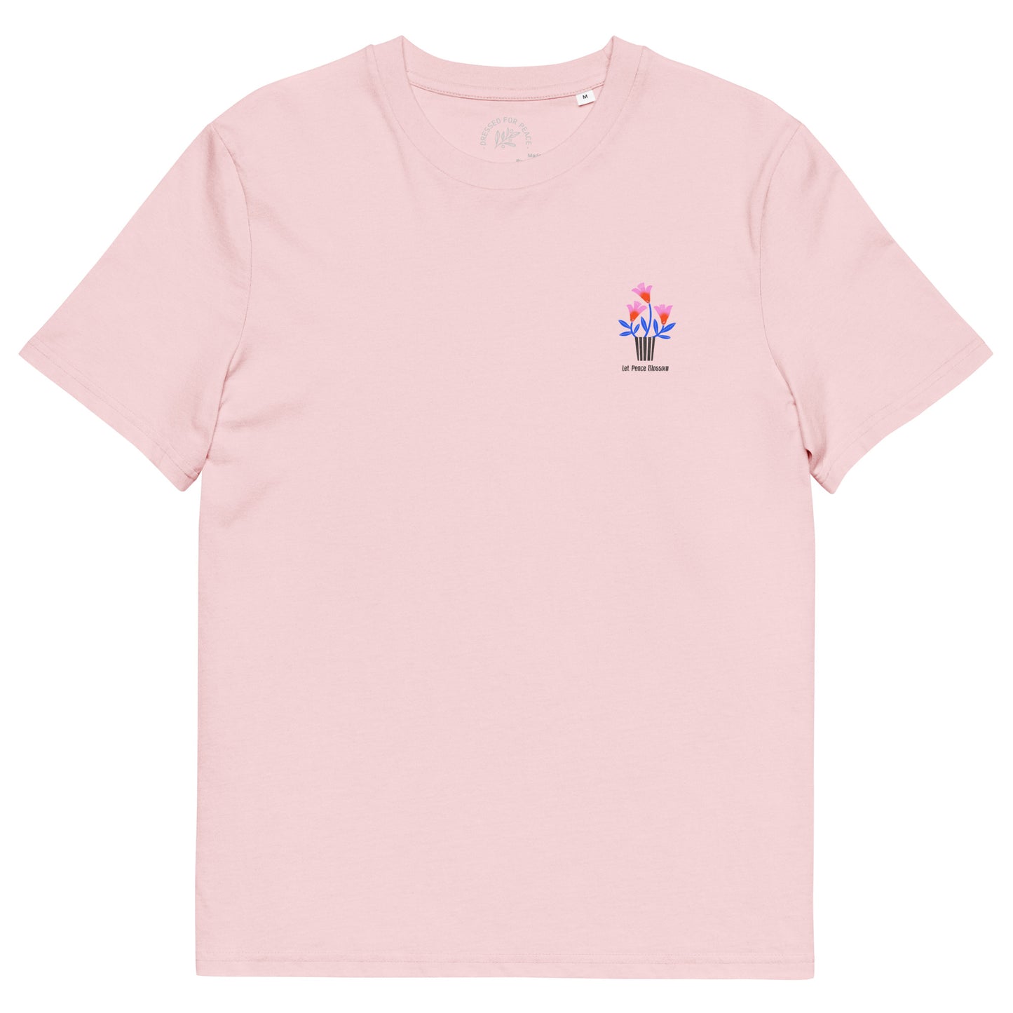 Pink t-shirt with a small graphic on the chest against a white background