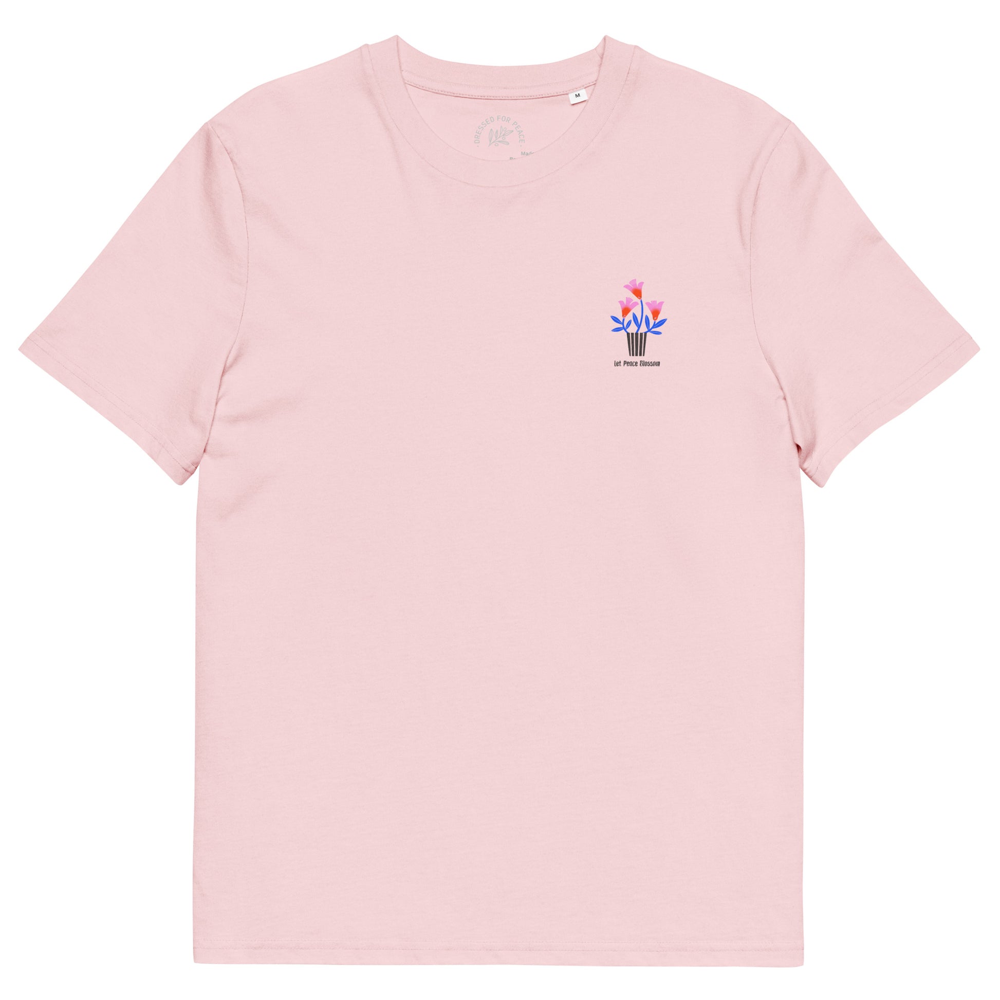 Pink t-shirt with a small graphic on the chest against a white background