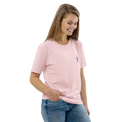 Woman wearing a pink t-shirt with a small logo on a white background
