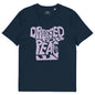 Navy blue t-shirt with 'Dressed for Peace' text in light purple on a white background