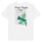 White t-shirt with green bird and leaf design and text 'Peace Begins Here' on a white background