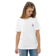 Woman wearing a white t-shirt with a logo on a white background