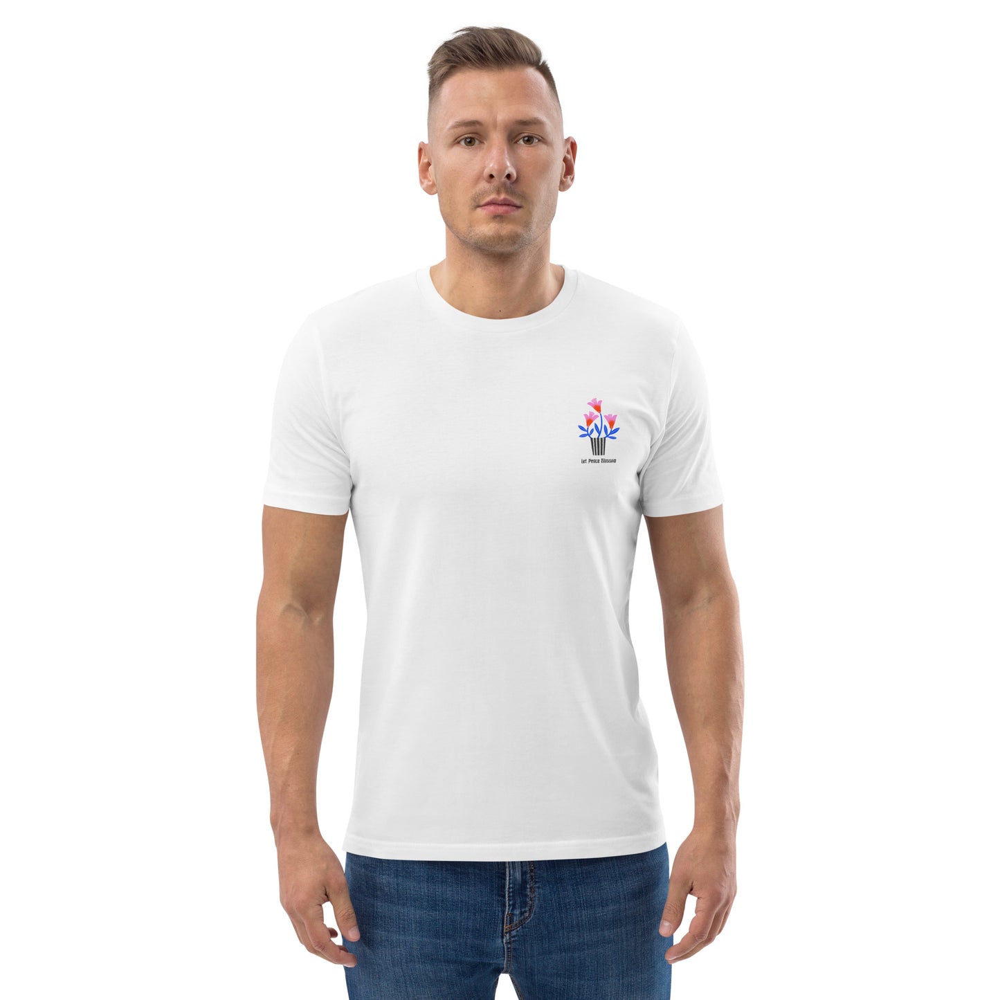 Man wearing a white t-shirt with a small logo on a white background