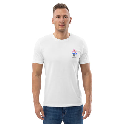 Man wearing a white t-shirt with a small logo on a white background