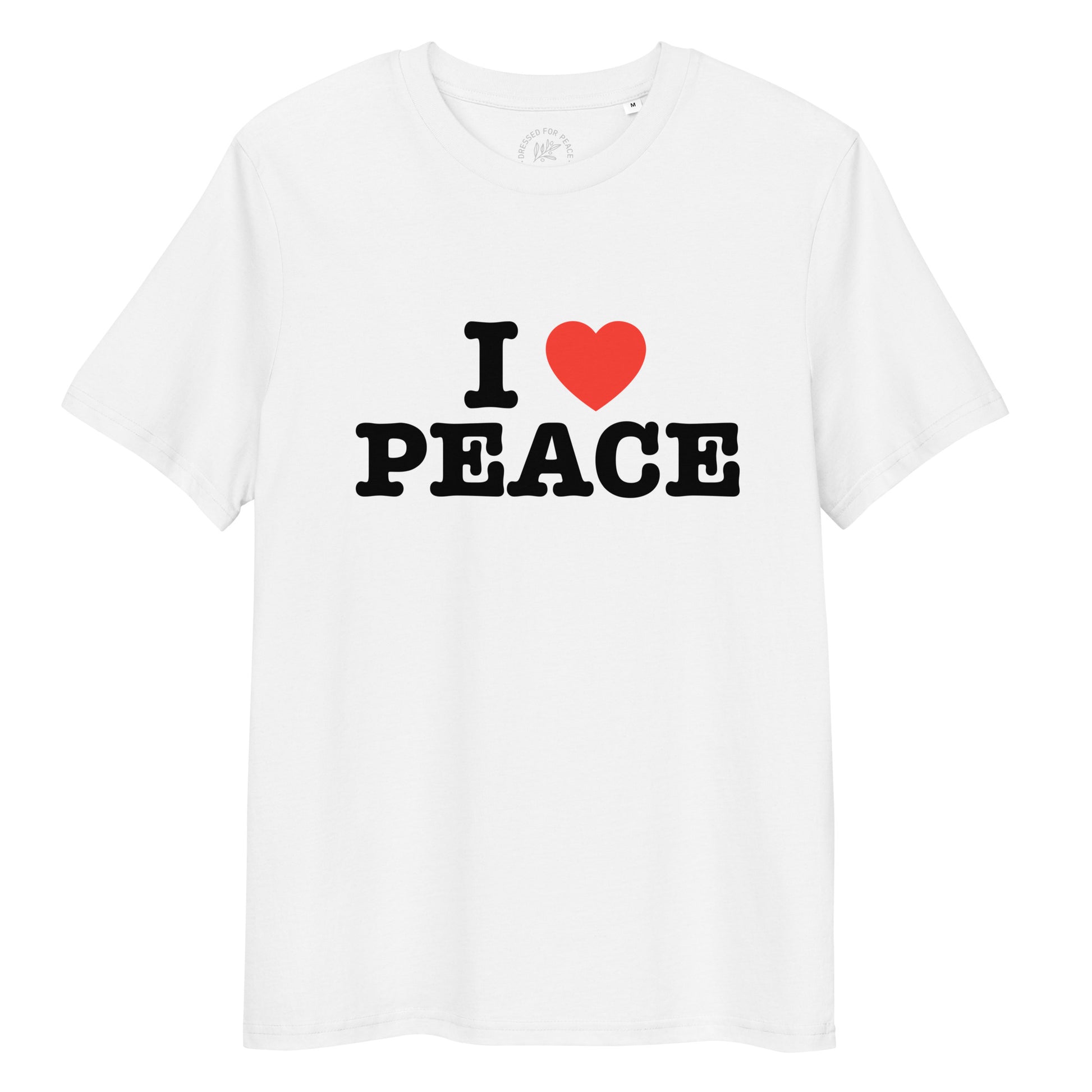 White t-shirt with 'I ❤️ PEACE' text on a white background