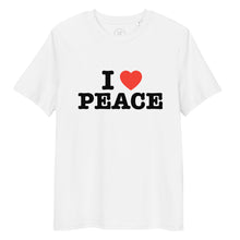 White t-shirt with 'I ❤️ PEACE' text on a white background