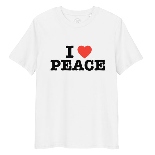 White t-shirt with 'I ❤️ PEACE' text on a white background
