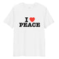 White t-shirt with 'I ❤️ PEACE' text on a white background