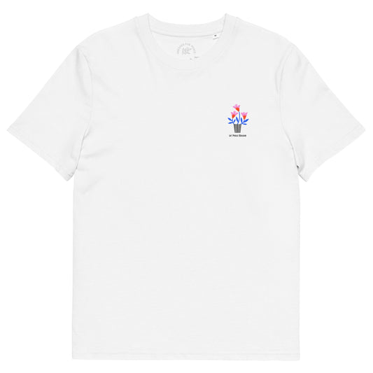 White t-shirt with a colorful graphic on a white background