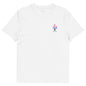 White t-shirt with a colorful graphic on a white background