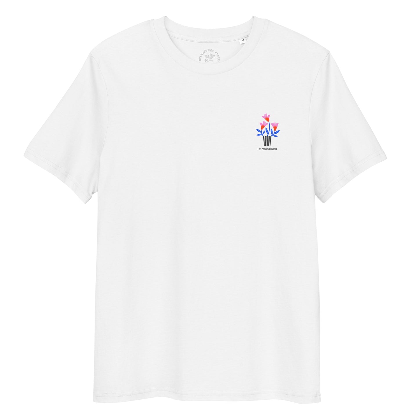 White t-shirt with a small colorful graphic on a white background