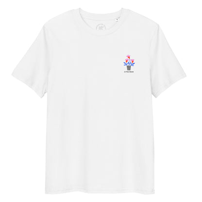 White t-shirt with a small colorful graphic on a white background