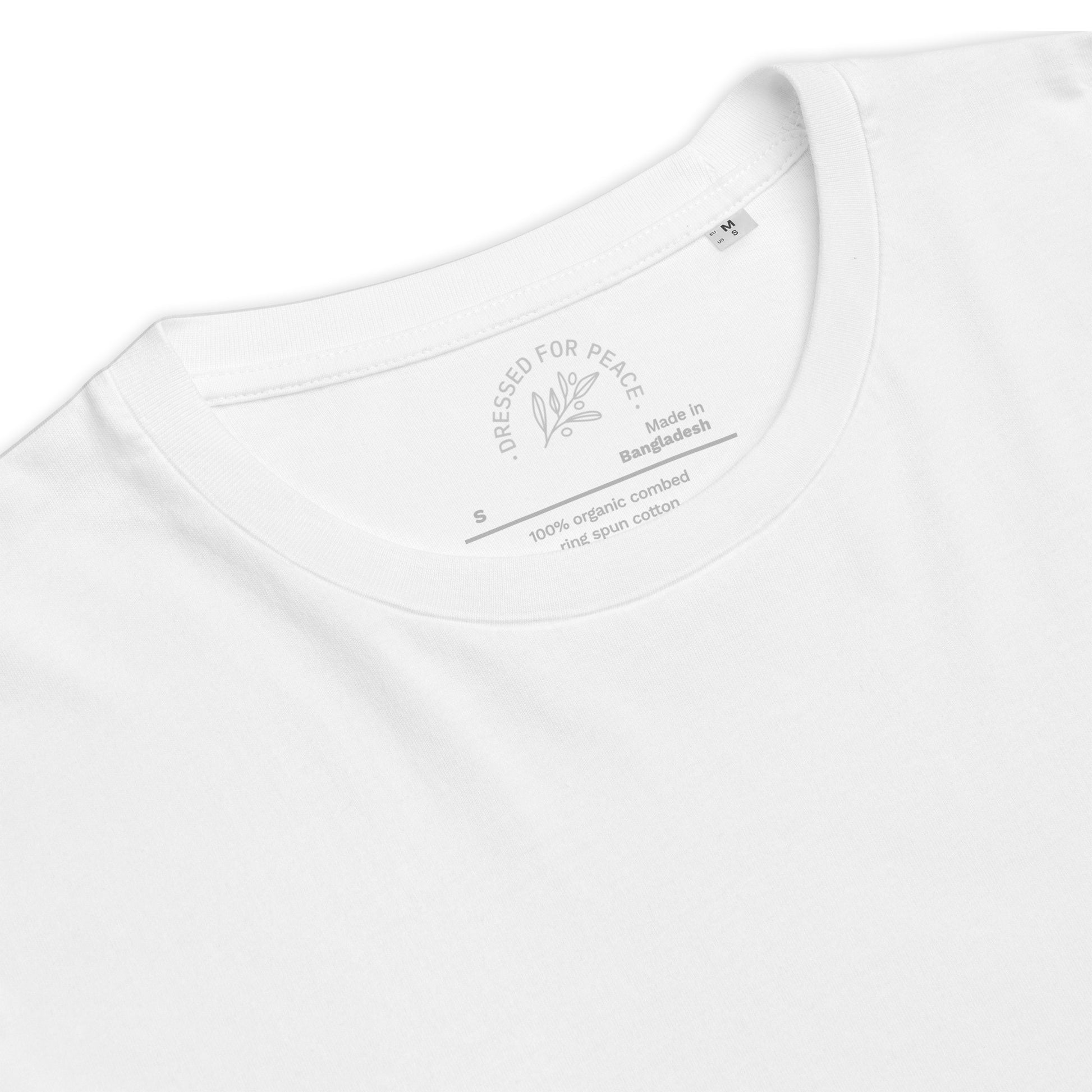 Close-up of a white t-shirt with brand and care label details on a white background