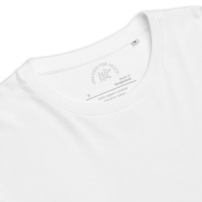 Close-up of a white t-shirt with brand and care label details on a white background