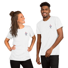 Two people wearing white t-shirts with a logo on a white background