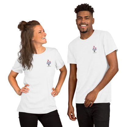 Two people wearing white t-shirts with a logo on a white background