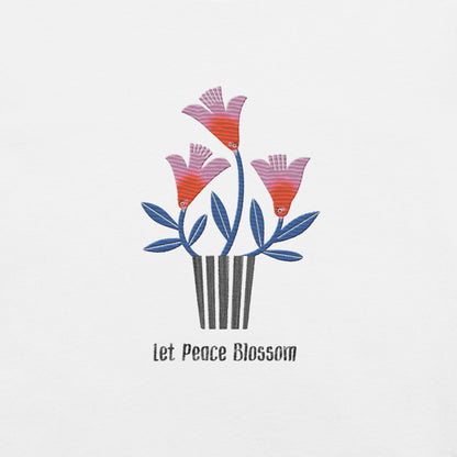 Floral design with 'Let Peace Blossom' text on a light gray background, as embroidery