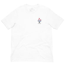 White t-shirt with a small colorful logo on a white background