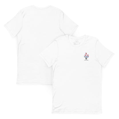White polo shirt with a small logo on a white background