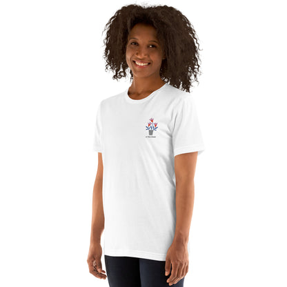 Woman wearing a white t-shirt with a logo on a white background