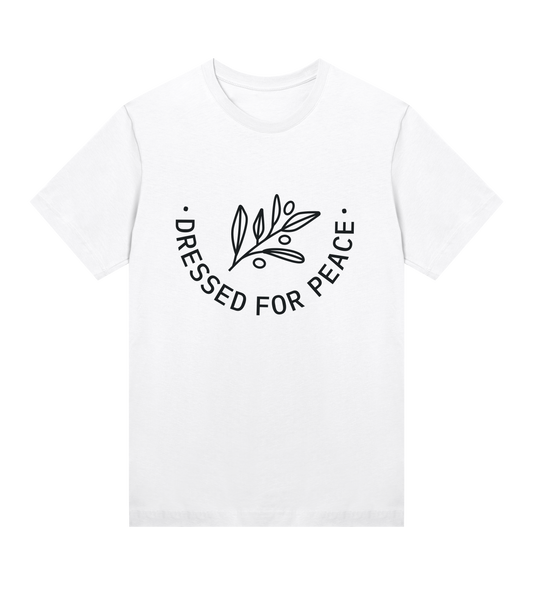 A white crew neck t-shirt with the text 'DRESSED FOR PEACE' and a graphic logo on the front.
