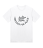 A white crew neck t-shirt with the text 'DRESSED FOR PEACE' and a graphic logo on the front.