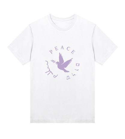 White t-shirt with purple 'Peace Dove' graphic on a white background