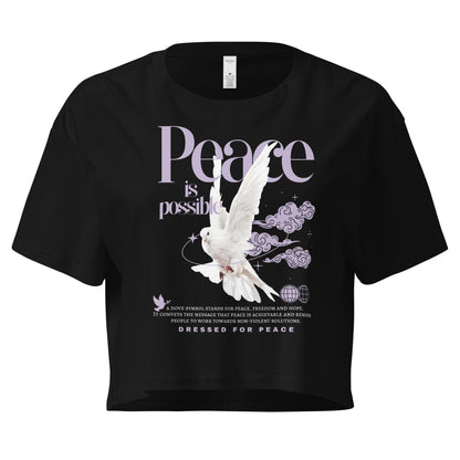 Black t-shirt with a white dove and 'Peace is possible' text on a white background